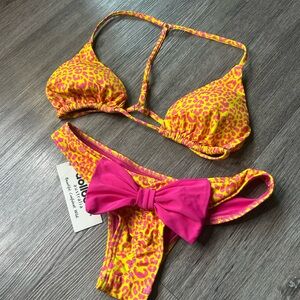 Yellow & Pink Leopard-Print Bikini Set with Pink Bow